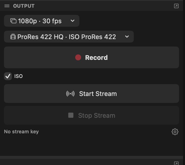 Output panel with codec selection, record, ISO and streaming controls